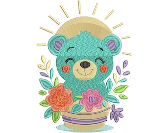 かわいいクマと花の機械刺繍デザイン、ベビーベア刺繍ファイル、夏の動物刺繍パターン、すぐにダウンロード