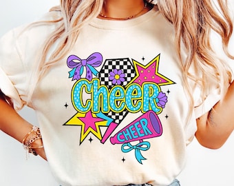 Cheer Png, Preppy Cheer Mom Shirt Sublimation, Cheerleader Coquette Png, Colorful Checker Bow Pom Pom Png, Cheer Season Png, Team Spirit Png