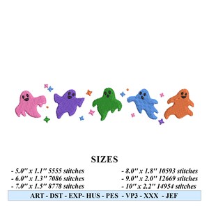 May include: A row of embroidered ghosts in pink, purple, green, blue, and orange, each with a smiling face. Small star shapes in various colors are scattered around the ghosts. The text "SIZES" and dimensions are below the ghosts.