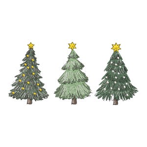 May include: Three illustrated Christmas trees on a white background. Each tree is green with a brown trunk and a yellow star on top. One tree has yellow lights, another is plain, and the third has white lights.