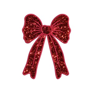 Puede incluir: Un lazo rojo brillante con un diseño clásico. El lazo presenta una forma simétrica con dos bucles a cada lado y largas colas fluidas. El brillo añade un efecto brillante, perfecto para decoraciones navideñas o envoltorios de regalo.