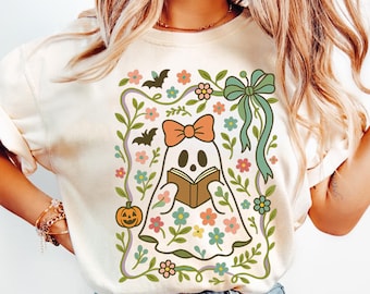 Pastel Ghost Reading PNG, Cute Coquette Halloween Bookish Design, Floral Spooky Ghost Clipart , Cottagecore Fall Sublimation File