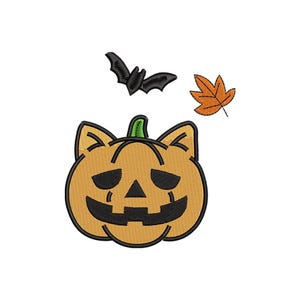 May include: Embroidered Halloween design featuring a smiling jack-o'-lantern with a green stem, a black bat, and an orange leaf. The pumpkin has a black outline and a friendly expression. Perfect for fall and Halloween-themed crafts.