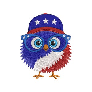 Patriotic Chicken Embroidery Design – Funny 4th of July Chicken with Glasses and USA Cap | Red White Blue Machine File | 6 Sizes