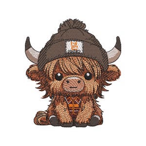 May include: An embroidered image of a Highland cow wearing a brown beanie with a pom-pom and a patch that says "cowharts". The cow has long, shaggy brown fur and small horns. It is wearing an orange and brown vest.