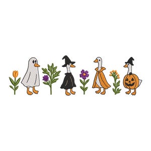 May include: A whimsical Halloween-themed design featuring embroidered geese dressed in costumes. One goose is a ghost, another a witch, a third wears a cape, and the last is a pumpkin. Colorful flowers and foliage are also included.