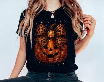 Leopard Bow Pumpkin PNG – Glitter Jack O Lantern-sublimatie – Glam Halloween-shirtontwerp – Sparkle Fall-clipart voor sublimatie