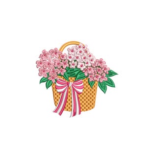 May include: A woven basket filled with pink and white flowers and green leaves. A pink and white striped bow adorns the front of the basket. The basket has a gold handle.