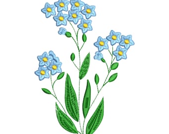 May include: Embroidered design of a bunch of blue forget-me-not flowers with yellow centres and green leaves.