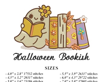 Diseño de bordado de fantasma de libros de Halloween, fantasma leyendo con libros y flores, lindo archivo de bordado a máquina de otoño