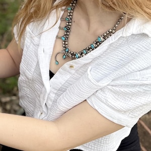 Vintage Sterling Silver and Turquoise Navajo Squash Blossom Necklace