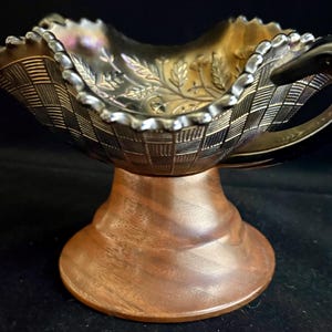 Northwood Purple Amathyst Carnival Glass Bon Bon Dish with Wood Pedestal