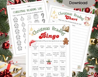 May include: Christmas-themed printable reading logs, charts, and bingo cards. The designs feature festive elements like gingerbread men, ornaments, and a Santa hat. The text includes "Christmas Reading Log", "Christmas Reading Chart", and "Christmas Reading Bingo".