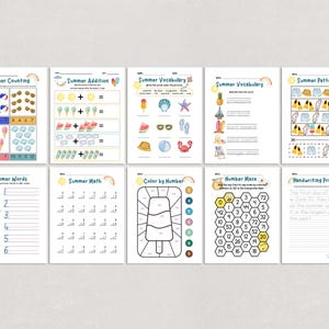 Set di 20 fogli di attività per l'istruzione estiva, fogli di lavoro per l'istruzione domestica per bambini, set di programmi scolastici e bibliotecari, pagine per la scuola estiva