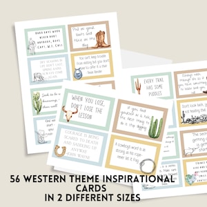 May include: A collection of 56 Western-themed inspirational cards in two sizes. Each card features quotes and illustrations of cowboy boots, cacti, horseshoes, and other Western imagery. The cards have a rustic, vintage aesthetic.