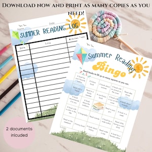 May include: Two printable summer reading activity sheets. The first sheet is a reading log with columns for date, title, and minutes read. The second sheet is a summer reading bingo card with squares to fill in by reading different types of books.
