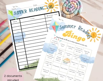 Pode incluir: Duas folhas de atividades de leitura de verão imprimíveis. A primeira folha é um registro de leitura com colunas para a data, o título e os minutos lidos. A segunda folha é um cartão de bingo de leitura de verão com quadrados para preencher lendo diferentes tipos de livros.