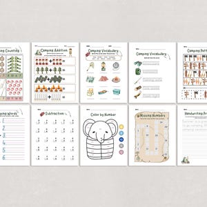 May include: A collection of printable worksheets for kids, featuring camping-themed activities. The worksheets cover counting, addition, vocabulary, patterns, and handwriting practice. The pages are white with colorful illustrations and text.