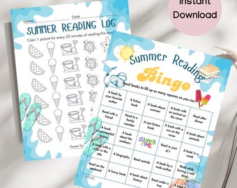 Pode incluir: Um cartão de bingo de leitura de verão imprimível com um tema de verão colorido. O cartão tem quadrados com diferentes desafios de leitura, como "Ler um livro do seu autor favorito" e "Ler um livro sobre o ar livre".
