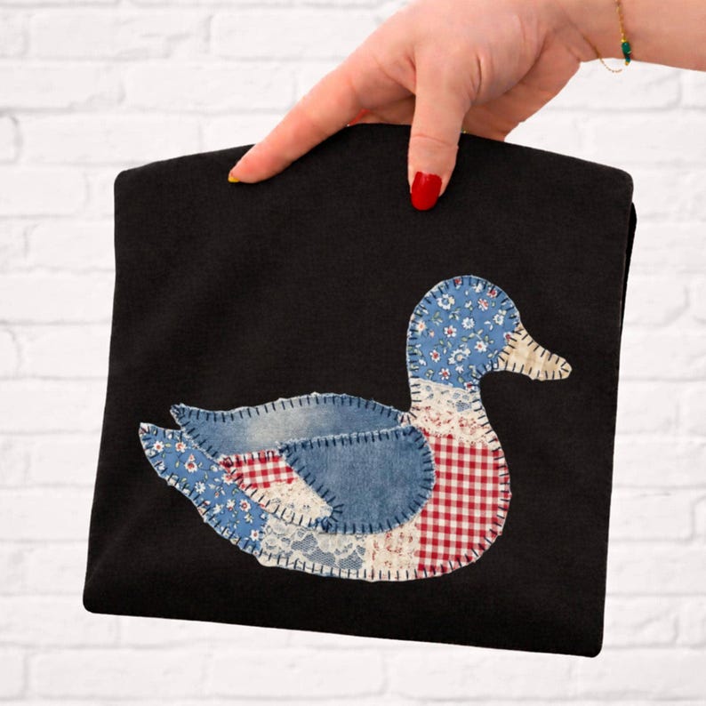 Handmade Duck Applique Tote Bag, Patchwork Design, Quilted Fabric, Unique Gift, Denim Blue and Red, Everyday Casual Purse, Eco-Friendly