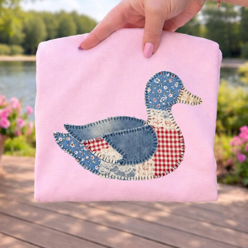 Handmade Pink Duck Pillow, Country Style Patchwork, Quilted Farmhouse Decor, Unique Gift for Home, Soft Cotton Throw Pillow, Decorative