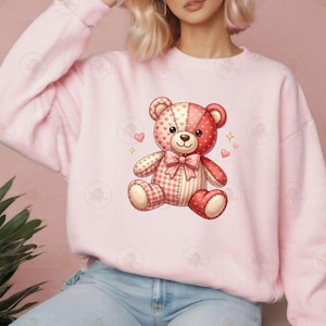 Patchwork Teddy PNG, niedliches Bärndesign, Valentine Sublimationskunst, digitaler Download für Kinder, gemütliches Dekor