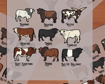 Cow Breeds DTF Transfer, Rustic Farm Apparel Design, Ready to Press