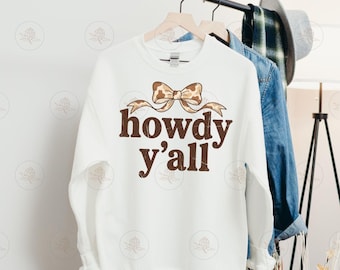 Howdy Yall PNG, Cow Print Design, Western Graphic Art, Country Cowgirl Sublimation, Farm Life PNG, Rodeo Shirt