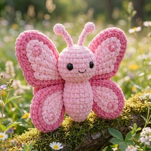 May include: A crochet butterfly toy made of soft yarn in shades of light and dark pink. The butterfly features a rounded body, two antennae, and four wings with a layered color pattern. It has two small black circular eyes and a stitched smile.