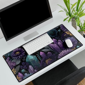 Moonlit Crystals Desk Mat | Purple Floral Gemstone Mouse Pad