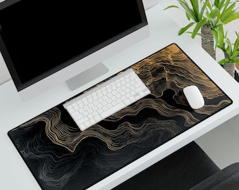 Black and Gold Wavy Artistic Desk Mat |  Abstract Office Decor