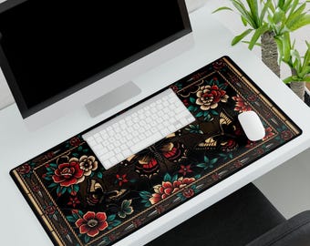 Old School Tattoo Vintage Floral Butterfly Stained Glass Desk Mat