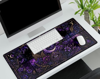 Purple Celestial Floral Third Eye Stained Glass Design Desk Mat | Mystical Computer Pad