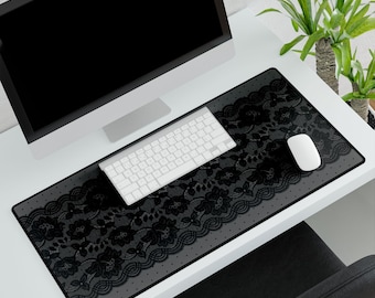 Black Gray Floral Lace Desk Mat, Vintage Office Decor