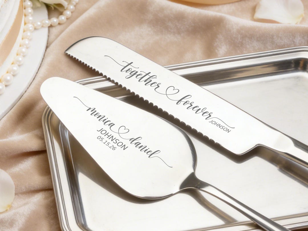 Engraved Cake Cutter Cutting Set, Stainless Steel Elegant Bridal Pastry Knife, Wedding Gift - D9, Silver