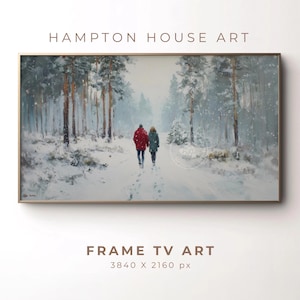 Peut inclure: Peinture encadrée d'un paysage hivernal avec deux personnages marchant sur un sentier enneigé dans une forêt. L'œuvre utilise des tons froids de blanc, de gris et de bleu, avec des touches de rouge et de vert. Le texte "HAMPTON HOUSE ART" et "FRAME TV ART" sont visibles.