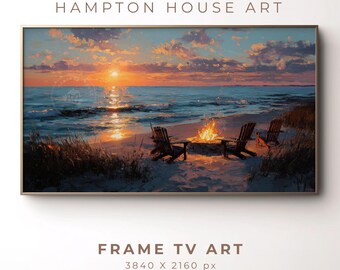Pode incluir: Uma pintura de paisagem emoldurada retrata uma cena de praia ao pôr do sol. A obra apresenta uma fogueira, cadeiras Adirondack e o texto "Hampton House Art" e "Frame TV Art". A resolução é de 3840 x 2160 px.