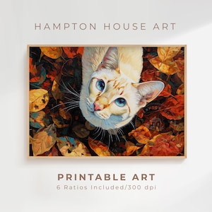 Utskrivbar siamesisk kattmålning Unik kattkonst Flammpunkts-siamesdekor Lekfull kattungescen Rustik stugfärgad väggkonst 342