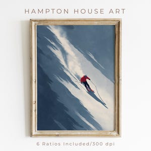 Puede incluir: Impresión artística enmarcada que representa a un esquiador con chaqueta roja y pantalón negro, esquiando por una montaña nevada. La obra de arte tiene una estética vintage con un marco dorado. El texto "HAMPTON HOUSE ART" está en la parte superior. El texto "6 Ratios Included/300 dpi" está en la parte inferior.
