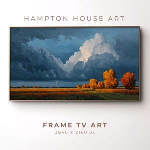 May include: A framed landscape painting featuring a dramatic sky with dark blue clouds and a flash of lightning. The foreground shows a field of golden grass and trees with orange and yellow leaves. Text reads "HAMPTON HOUSE ART" and "FRAME TV ART".
