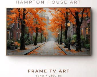 Serene herfst straatbeeld tv-kunst rustiek herfst frame tv-kunst boom omzoomde herenhuizen decor landschap muur kunst stedelijke Cottagecore print 215