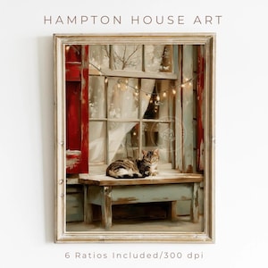 May include: Framed art print featuring a tabby cat resting on a window bench. The window has a red door and string lights. The artwork is titled "Hampton House Art" and includes 6 ratios at 300 dpi.