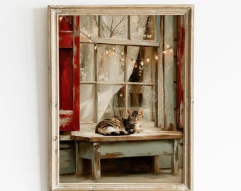 Cat Art Vintage Tabby Cat Painting Rustic Winter Cottagecore Scene Cozy Window Decor Frosted Pane Printable Digital Download 498