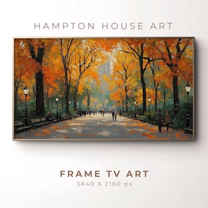 May include: A framed landscape painting depicting an autumn park scene. The artwork shows a path flanked by trees with bright orange and yellow foliage. The text "HAMPTON HOUSE ART" and "FRAME TV ART" are displayed.
