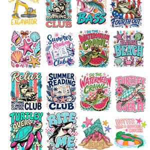 Könnte beinhalten: Eine Sammlung von 16 PNG-Designs mit Sommerthema. Designs beinhalten Text und Illustrationen eines Waschbären, Alligators, Schildkröte, Hai und andere Strand-bezogene Bilder. Text beinhaltet "Summer Reading Club" und "Do the Watermelon Crawl."