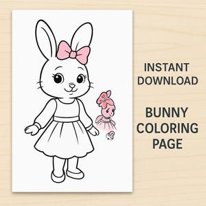 10 adorables páginas para colorear de conejitos para niños – PDF imprimible, conejos kawaii con vestidos, descarga digital instantánea