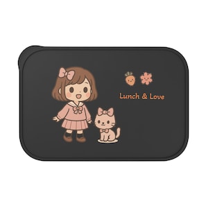 Kawaii Bento Box, Cute Lunch Box with Utensils, Lunch & Love Design, Practical Gift for Kids, School Lunch Container, Meal Prep Box