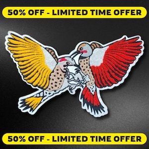 May include: Embroidered patch featuring two birds in flight, with yellow and red wings, and a white border. The patch includes the text "50% OFF - LIMITED TIME OFFER" in a yellow banner.