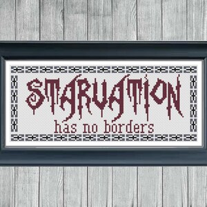 May include: Cross-stitch artwork in a black frame. The text "STARVATION has no borders" is stitched in burgundy on a white background. The frame is rectangular and sits against a gray wooden background.