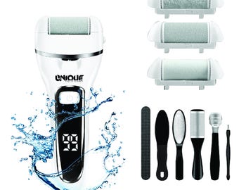 May include: A white and silver foot care device with a digital display, accompanied by three replacement rollers and several black and silver grooming tools. The device is branded "UNIQUE SOLUTIONS" and features a water splash graphic.